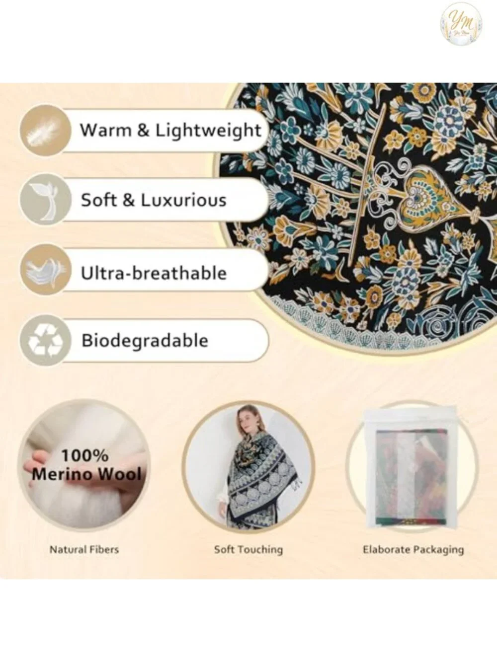 100% Merino Wool Extra Large Pashmina Shawl for Women, Oversized Wrap
